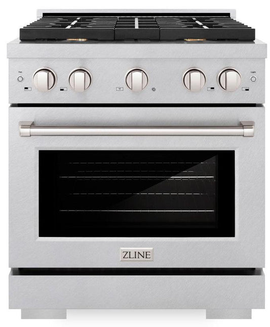 ZLINE Paramount 30 in. Dual Fuel Range, 4.2 cu. ft. Electric Convection Oven, Gas Cooktop with 4 Brass Burners, Satin Stainless Steel (SDRS-BR-30)