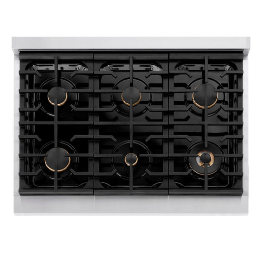 ZLINE 36 in. Gas Range 5.2 cu. ft. 6 Burner Cooktop Convection Oven Stainless Steel Champagne Bronze Helix Handle (SGRZ-36-KCB)
