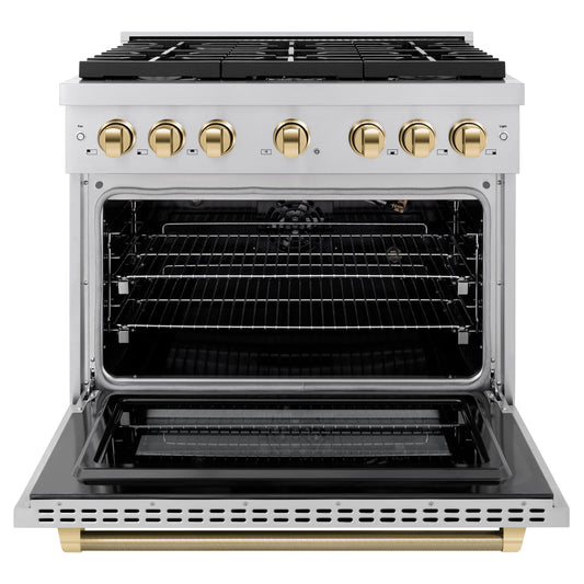 ZLINE 36 in. Gas Range 5.2 cu. ft. Paramount Series with 6 Burner Cooktop, Convection Gas Oven, Stainless Steel, Polished Gold Helix Handle & Knob Accents (SGRZ-36-KG)