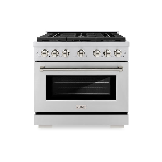 ZLINE 36 in. Gas Range 5.2 cu. ft. 6 Burner Cooktop Convection Gas Oven Stainless Steel Polished Nickel Helix Handles (SGRZ-36-KPN)