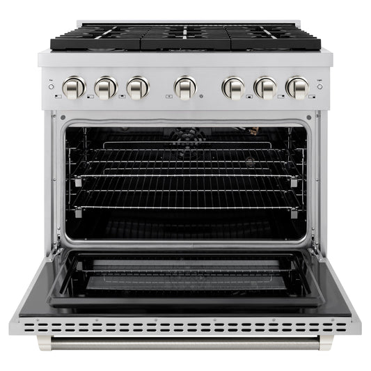 ZLINE 36 in. Gas Range 5.2 cu. ft. 6 Burner Cooktop Convection Gas Oven Stainless Steel Polished Nickel Helix Handles (SGRZ-36-KPN)