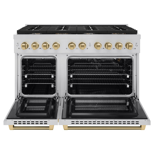 ZLINE 48 in. Gas Range 6.7 cu. ft. Double Oven, 8 Burner Cooktop, Stainless Steel, Champagne Bronze Helix Handles (SGRZ-48-KCB)