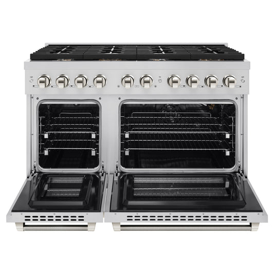 ZLINE 48 in. Gas Range Double Oven 6.7 cu. ft. 8 Burner Cooktop Stainless Steel Polished Nickel Helix Handles (SGRZ-48-KPN)