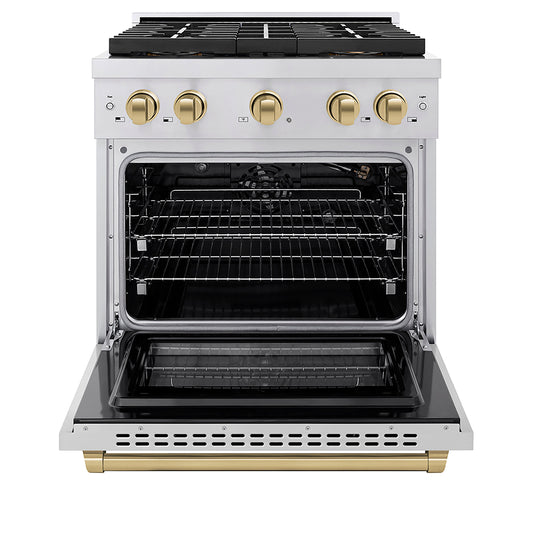 ZLINE 30 in. Gas Range 4.2 cu. ft. 4 Burner DuoPro™ Cooktop Convection Gas Oven Stainless Steel with Champagne Bronze Accents (PSGRZ-30-CB)