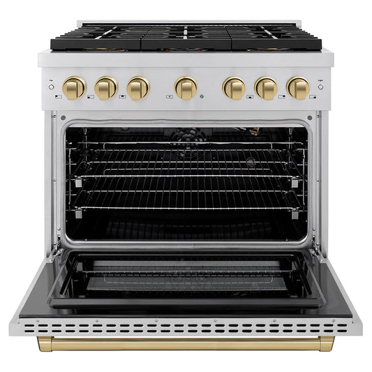 ZLINE 36 in. Gas Range 5.2 cu. ft. 6 Burner DuoPro™ Cooktop Convection Gas Oven Stainless Steel with Champagne Bronze Accents (PSGRZ-36-CB)
