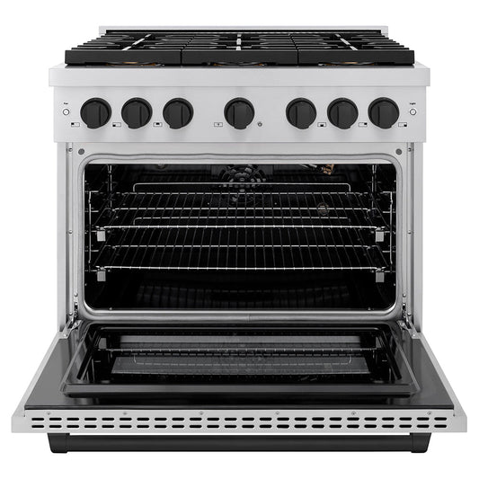 ZLINE 36 in. Gas Range 5.2 cu. ft. 6 Burner DuoPro™ Cooktop Convection Gas Oven Stainless Steel Matte Black Accents (PSGRZ-36-MB)