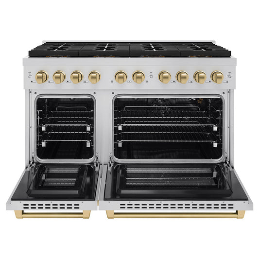 ZLINE 48 in. Gas Range 6.7 cu. ft. 8 Burner DuoPro™ Cooktop Dual Oven Stainless Steel with Champagne Bronze Accents (PSGRZ-48-CB)
