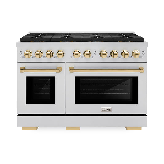 ZLINE 48 in. Gas Range 6.7 cu. ft. Paramount Series with 8 Burner DuoPro™ Cooktop, Dual Ovens, Stainless Steel with Polished Gold Accents (PSGRZ-48-G)