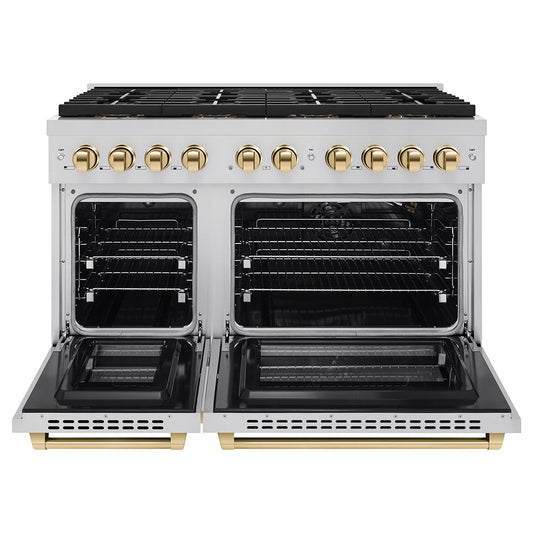 ZLINE 48 in. Gas Range 6.7 cu. ft. Paramount Series with 8 Burner DuoPro™ Cooktop, Dual Ovens, Stainless Steel with Polished Gold Accents (PSGRZ-48-G)