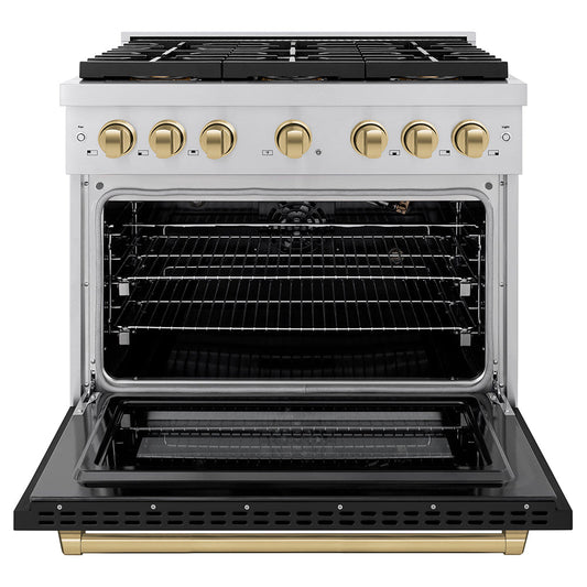 ZLINE 36 in. Gas Range 5.2 cu. ft. 6 Burner DuoPro™ Cooktop Convection Gas Oven Black Matte Door Champagne Bronze Accents (PSGRZ-BLM-36-CB)