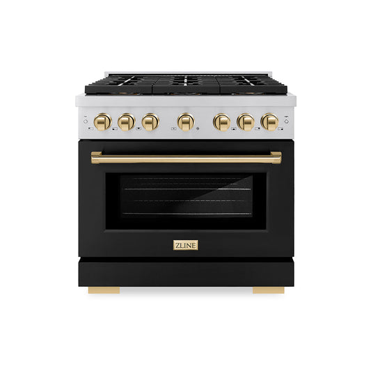 ZLINE 36 in. Gas Range 5.2 cu. ft. 6 Burner DuoPro™ Cooktop Convection Gas Oven Black Matte Door Polished Gold Accents (PSGRZ-BLM-36-G)