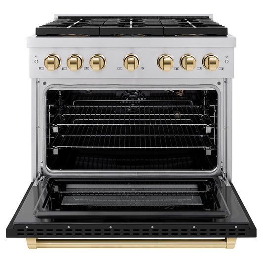 ZLINE 36 in. Gas Range 5.2 cu. ft. 6 Burner DuoPro™ Cooktop Convection Gas Oven Black Matte Door Polished Gold Accents (PSGRZ-BLM-36-G)