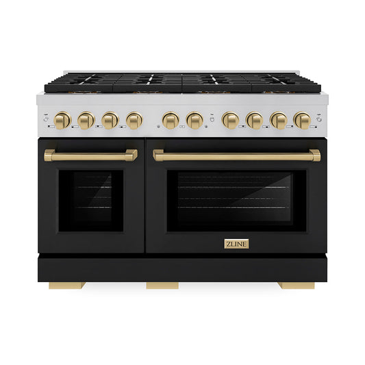 ZLINE 48 in. Gas Range 6.7 cu. ft. 8 Burner DuoPro™ Cooktop Dual Ovens Black Matte Doors Champagne Bronze Accents (PSGRZ-BLM-48-CB)