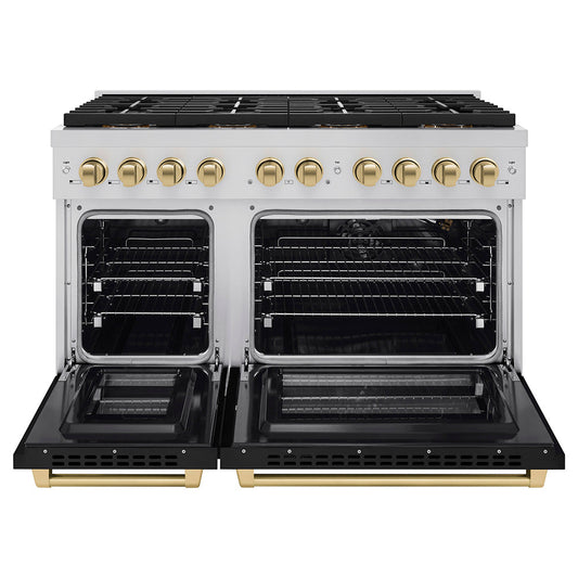 ZLINE 48 in. Gas Range 6.7 cu. ft. 8 Burner DuoPro™ Cooktop Dual Ovens Black Matte Doors Champagne Bronze Accents (PSGRZ-BLM-48-CB)