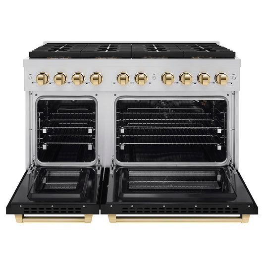 ZLINE 48 in. Gas Range – Paramount Series – 6.7 cu. ft. Dual Oven – 8 Burner DuoPro™ Cooktop, Black Matte Doors, Polished Gold Accents (PSGRZ-BLM-48-G)