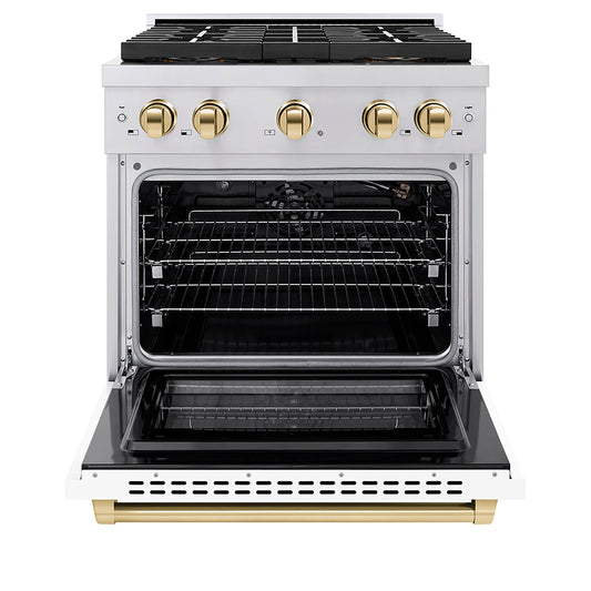 ZLINE 30 in Gas Range 4.2 cu. ft. 4 Burner DuoPro Cooktop Convection Oven Stainless Steel White Matte Door Polished Gold Accents (PSGRZ-WM-30-G)