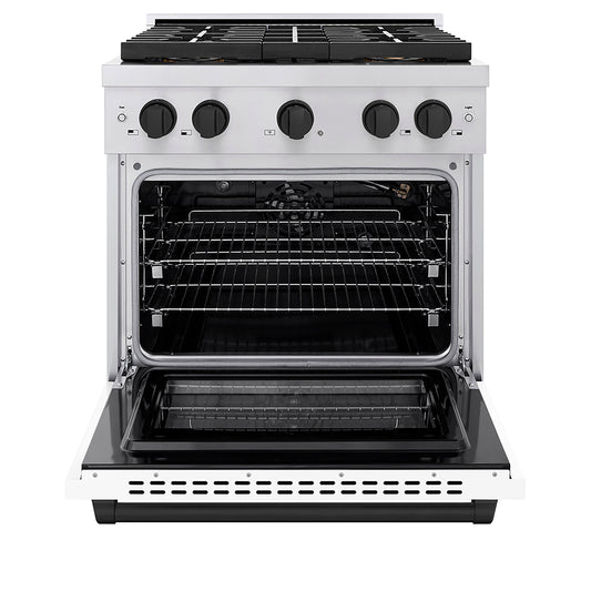 ZLINE 30 in. Gas Range 4.2 cu. ft. 4 Burner DuoPro™ Cooktop Convection Gas Oven Stainless Steel White Matte Door Matte Black Accents (PSGRZ-WM-30-MB)