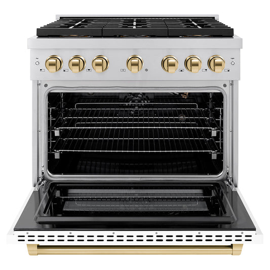 ZLINE 36 in. Gas Range 5.2 cu. ft. Convection Oven 6 Burner DuoPro™ Cooktop White Matte Door Polished Gold Accents (PSGRZ-WM-36-G)