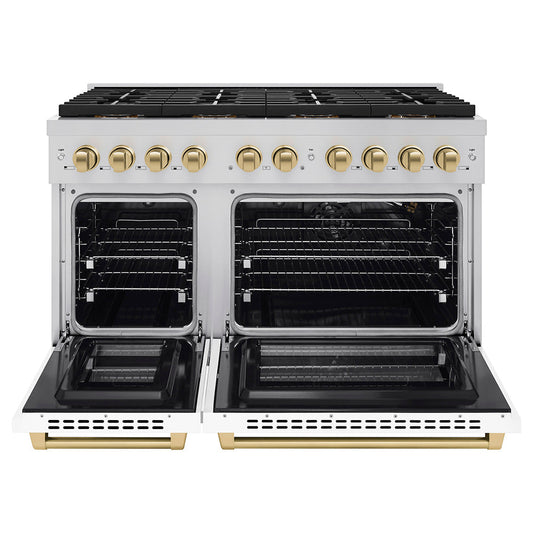 ZLINE 48 in. Gas Range 6.7 cu. ft. Paramount Series Dual Oven 8 Burner DuoPro™ Cooktop White Matte Doors Champagne Bronze Accents (PSGRZ-WM-48-CB)