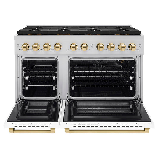 ZLINE 48 in. Gas Range 6.7 cu. ft. Paramount Series Dual Oven 8 Burner DuoPro™ Cooktop White Matte Doors Polished Gold Accents (PSGRZ-WM-48-G)