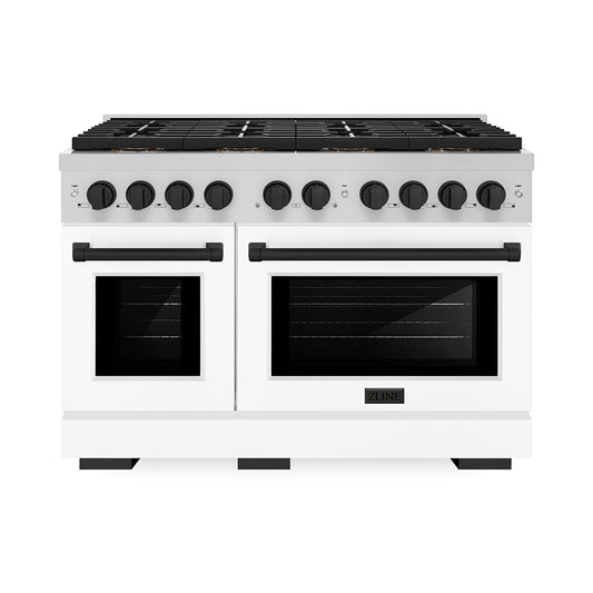 ZLINE 48 in. Gas Range 6.7 cu. ft. 8 Burner DuoPro™ Cooktop Dual Ovens White Matte Doors Matte Black Accents (PSGRZ-WM-48-MB)