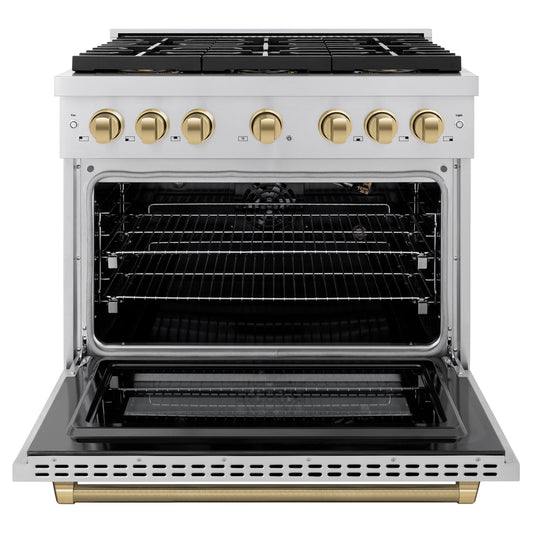 ZLINE 36 in. Gas Range 5.2 cu. ft. 6 Burner DuoPro Cooktop Convection Oven Stainless Steel Champagne Bronze Helix Handle (PSGRZ-36-KCB)