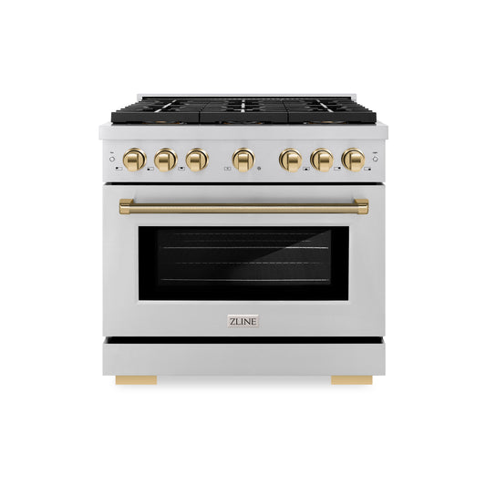 ZLINE 36 in. Gas Range 5.2 cu. ft. 6 Burner DuoPro™ Cooktop Convection Gas Oven Polished Gold Helix Accents Stainless Steel (PSGRZ-36-KG)