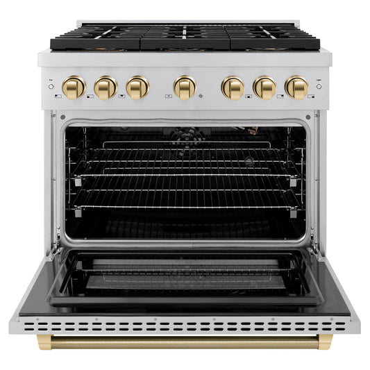 ZLINE 36 in. Gas Range 5.2 cu. ft. 6 Burner DuoPro™ Cooktop Convection Gas Oven Polished Gold Helix Accents Stainless Steel (PSGRZ-36-KG)