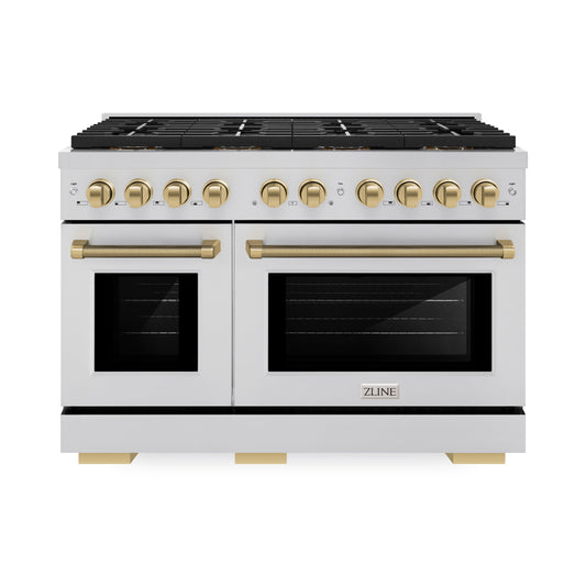 ZLINE 48 in. Gas Range 6.7 cu. ft. Dual Oven 8 Burner DuoPro™ Cooktop Stainless Steel Champagne Bronze Handles (PSGRZ-48-KCB)