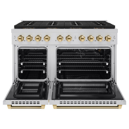 ZLINE 48 in Gas Range 6.7 cu ft 8 Burner DuoPro Dual Oven Stainless Steel Polished Gold Helix Handles (PSGRZ-48-KG)