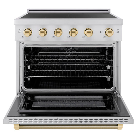 ZLINE 36 in. Induction Range 5.2 cu. ft. 5 Element Cooktop Electric Convection Oven Stainless Steel Polished Gold Accents (SINRZ-36-KG)