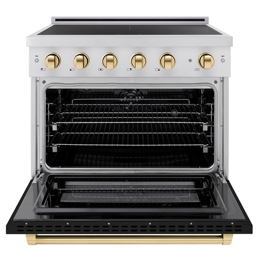 ZLINE 36 in. Induction Range 5.2 cu. ft. 5 Element Cooktop Electric Convection Oven Stainless Steel Black Matte Door Polished Gold Accents (SINRZ-BLM-36-G)