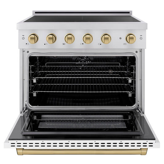 ZLINE 36 in. Induction Range 5.2 cu. ft. 5 Element Cooktop Electric Convection Oven Stainless Steel White Matte Door Champagne Bronze Accents (SINRZ-WM-36-CB)