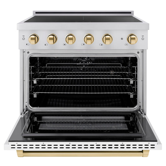 ZLINE 36 in Induction Range 5.2 cu ft Electric Convection Oven 5 Elements Stainless Steel White Matte Door Polished Gold Accents (SINRZ-WM-36-G)