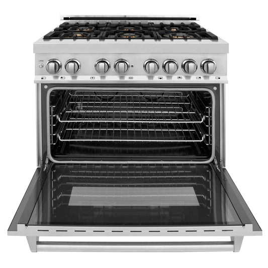 ZLINE 36 in. Dual Fuel Range with 6 Brass Gas Burners, Electric Convection Oven, Griddle, 4.6 cu. ft., Stainless Steel (RA-BR-GR-36)