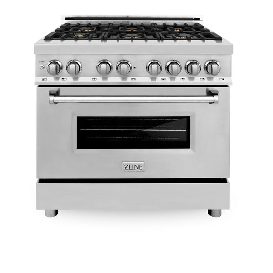 ZLINE 36 in. Dual Fuel Range with 6 Brass Gas Burners, Electric Convection Oven, Griddle, 4.6 cu. ft., Stainless Steel (RA-BR-GR-36)