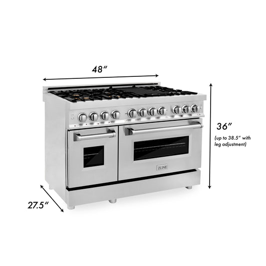 ZLINE 48" Dual Fuel Range with Gas Cooktop, Electric Convection Oven, Brass Burners and Griddle in Stainless Steel (RA-BR-GR-48)