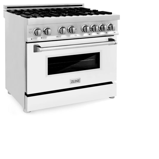 ZLINE 36-Inch Dual Fuel Range with Gas Cooktop, Electric Oven, Griddle, and White Matte Door in Stainless Steel, 4.6 cu. ft. (RA-WM-GR-36)