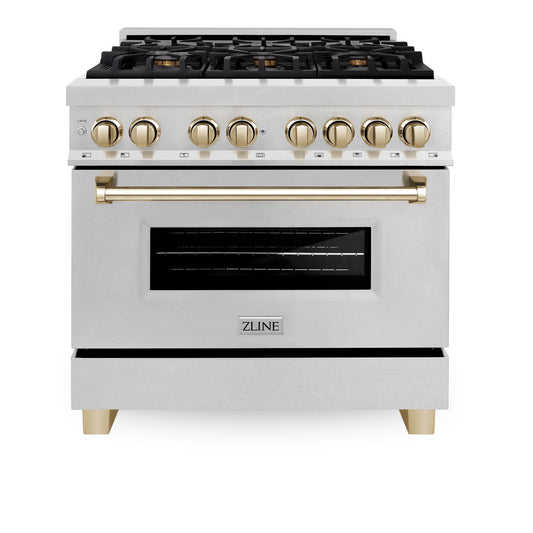 ZLINE Autograph 36 in. 4.6 cu. ft. Legacy Dual Fuel Range with 6 Gas Burners and Electric Convection Oven in Satin Stainless Steel with Polished Gold Accents (RASZ-SN-36-G)
