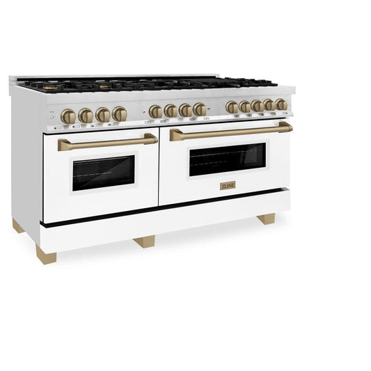 ZLINE Autograph Edition 60 in. Dual Fuel Range 7.4 cu. ft. Gas Cooktop & Electric Convection Oven with White Matte Door and Champagne Bronze Accents (RAZ-WM-60-CB)
