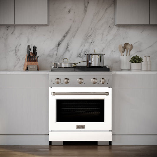 ZLINE Paramount 30 in. Dual Fuel Range, 4 Burners, 4.2 cu. ft. Electric Convection Oven, Stainless Steel with White Matte Door (SDR-WM-30)