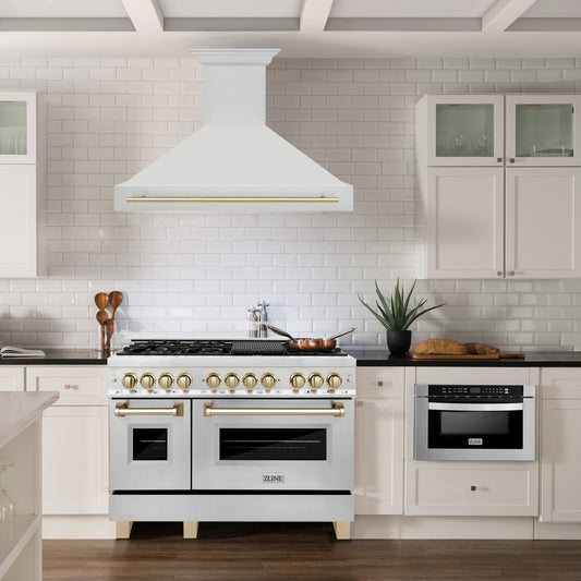 ZLINE 48 Inch Wall Mount Range Hood Stainless Steel Gold Handle Autograph Edition 8654STZ-48-G