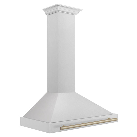 ZLINE 36 in. Wall Mount Range Hood – Satin Stainless Steel, Convertible Venting, Champagne Bronze Handle (KB4SNZ-36-CB)