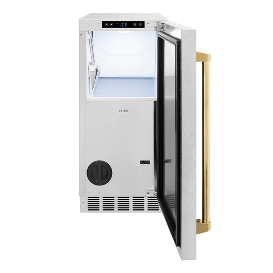 ZLINE Autograph 15" Touchstone Clear Cube Ice Maker with Drain Pump and Satin Stainless Steel Door with Polished Gold Handle, ICCDZ-SN-15-G