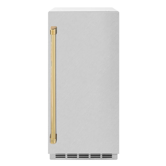 ZLINE Autograph 15" Touchstone Clear Cube Ice Maker with Drain Pump and Satin Stainless Steel Door with Polished Gold Handle, ICCDZ-SN-15-G