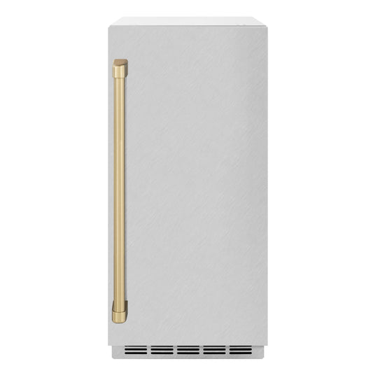 ZLINE Autograph 15" Touchstone Gourmet Ice Maker with Drain Pump and Satin Stainless Steel Door with Champagne Bronze Handle, IGMDZ-SN-15-CB