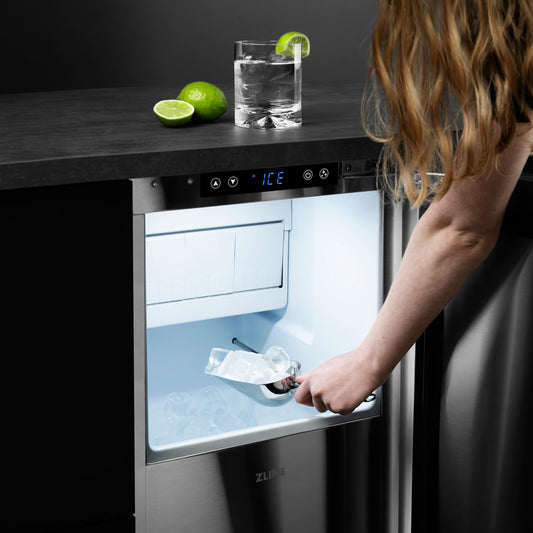 ZLINE Autograph 15" Touchstone Gourmet Ice Maker with Drain Pump and Satin Stainless Steel Door with Champagne Bronze Handle, IGMDZ-SN-15-CB