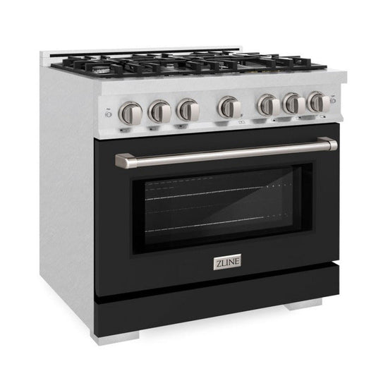 ZLINE 36 in. Dual Fuel Range 5.2 cu. ft. Capacity 6 Burner Gas Cooktop Electric Convection Oven Satin Stainless Steel Black Matte Door (HDRS-BLM-36)