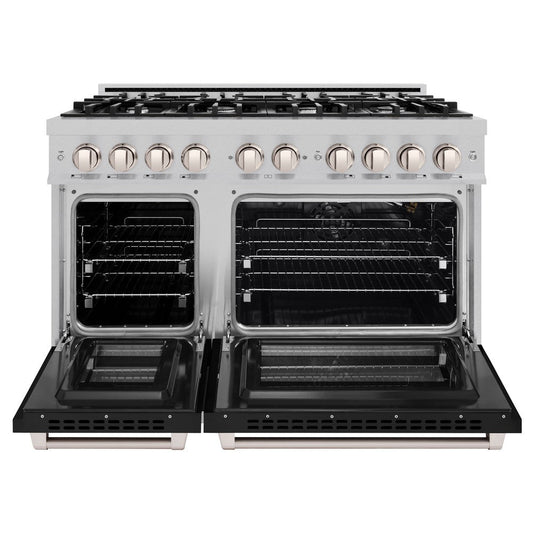 ZLINE 48 in. Gas Range Double Oven 6.7 cu. ft. 8 Burner Cooktop Black Matte Doors Satin Stainless Steel, MODEL HGRS-BLM-48