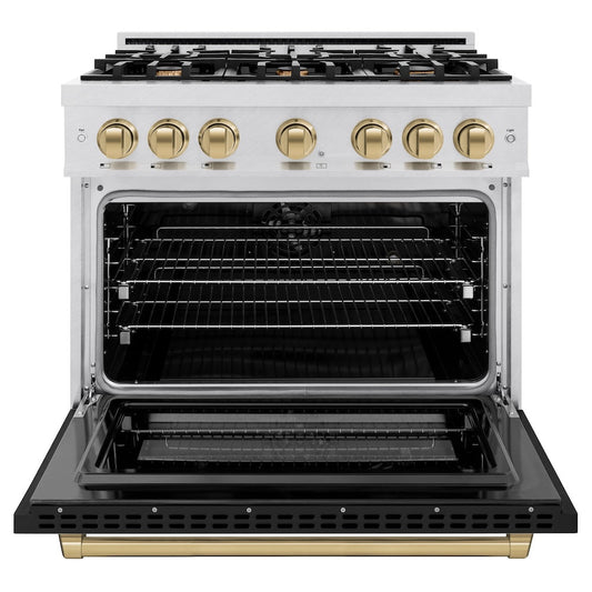 ZLINE 36 in. Dual Fuel Range 5.2 cu. ft. – 6 Burner Gas Cooktop, Electric Convection Oven, Satin Stainless Steel with Black Matte Door & Champagne Bronze Accents (HDRSZ-BLM-36-CB)